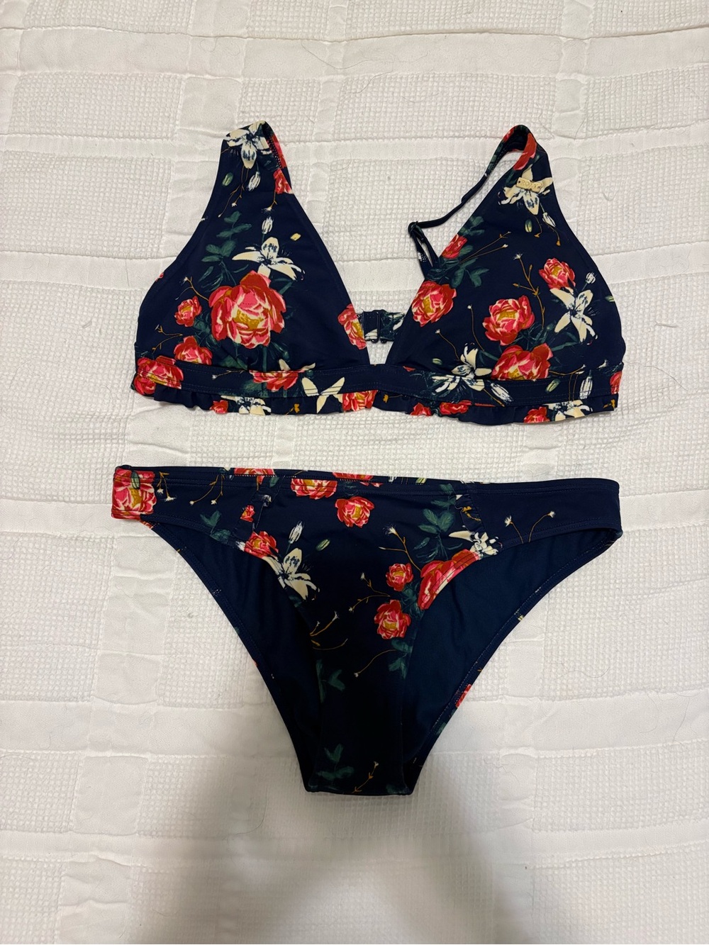 Roxy Navy Floral Bikini with Red and Cream Roses